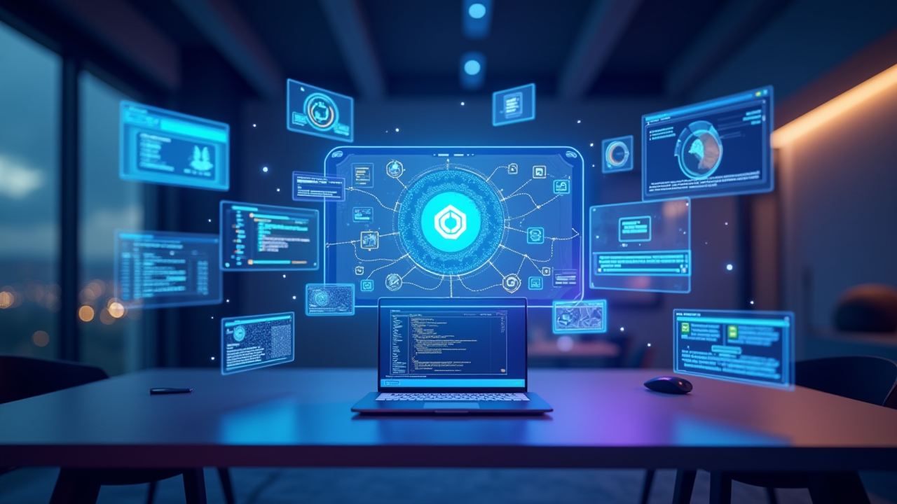 AI platforms workspace with holographic interfaces